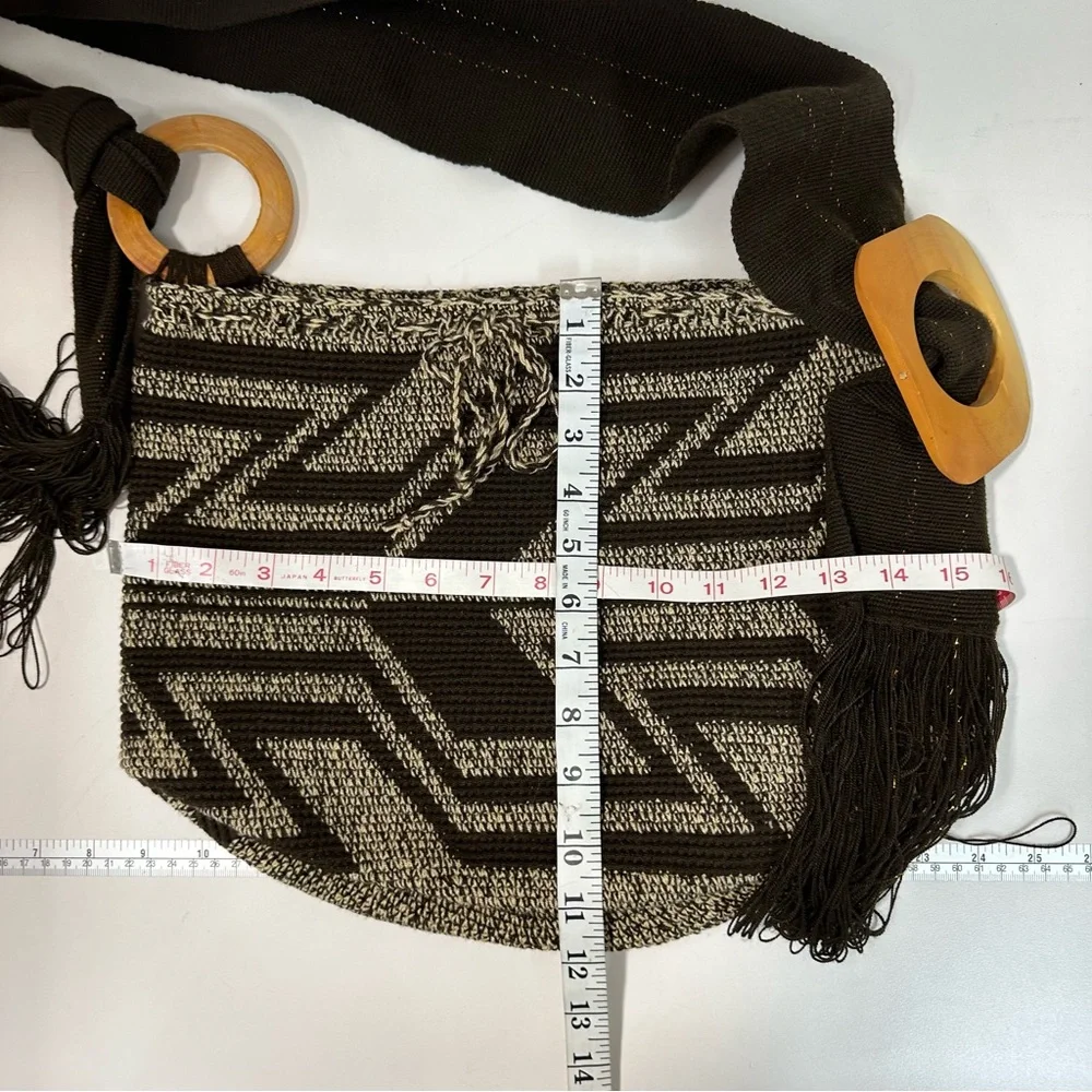 HIPPIE Bucket Bag 16X12x9 Brown Geometric 20”AdjStrap Woven Drawstring Y2K